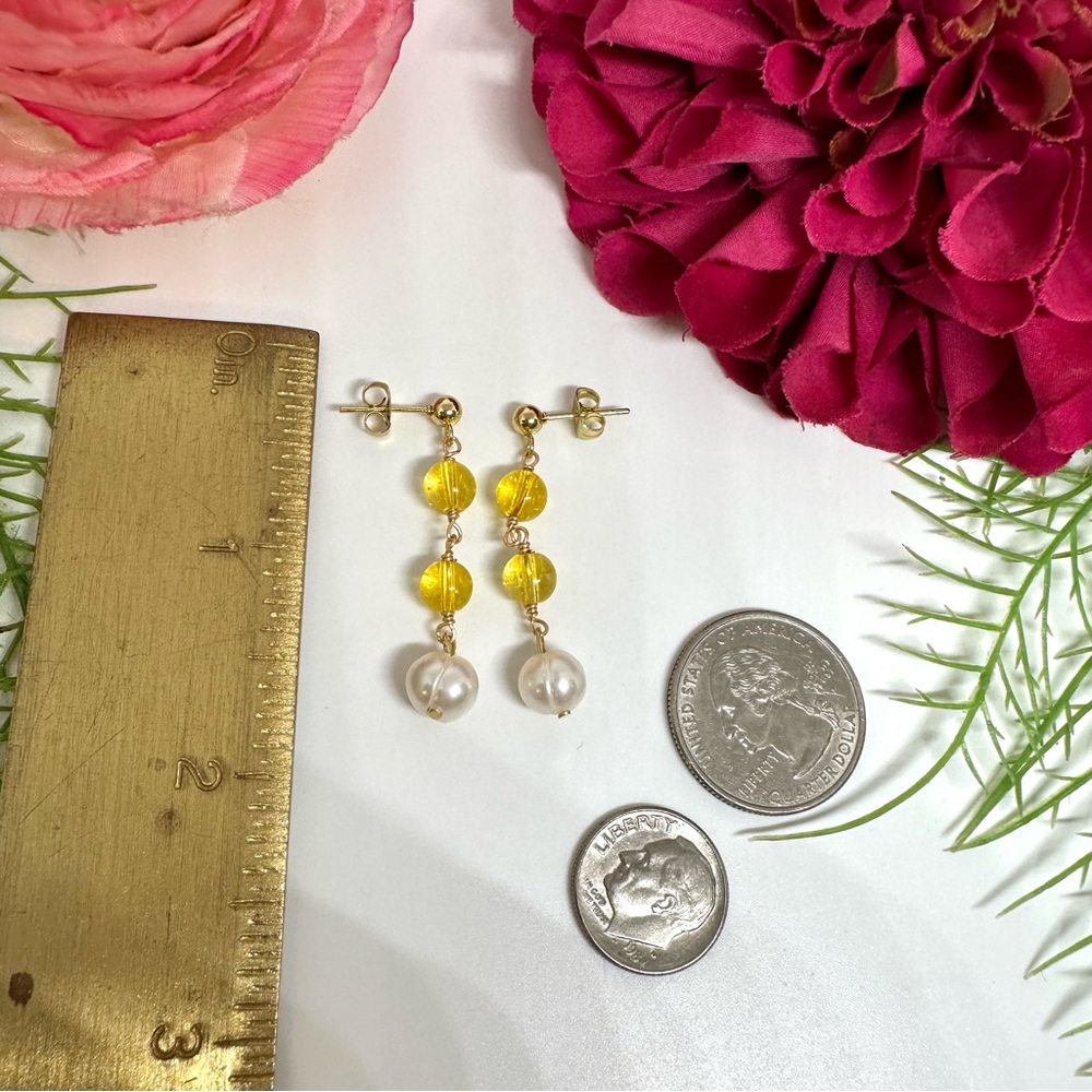 NEW⚜️Citrine & Freshwater Pearl Dangly Earrings - Picture 3 of 5